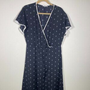 Pleione Women's Printed Trim Detail Maxi V-Neck Black Dress Size S Semi-Sheer!